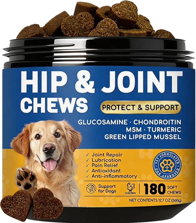 Dog Joint Supplement: with Glucosamine Chondroitin, MSM,Turmeric – Hip and Joint Support for Arthritis Pain Relief – Natural Anti-Inflammatory – for All Breeds & Senior Dogs, 180 Chews