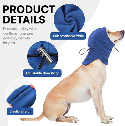 Dog Calming Hoodie - No Shake Ear Wraps for Dogs, Anxiety Relief & Noise Protection, Pet Ear Cover for Thunderstorms, Firework, Grooming, Force Drying, Blue L