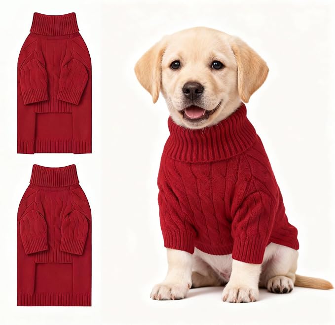 Small Dog Thermal Pullover Sweater, Classic Turtleneck Cable Knitwear Dog Clothes for Cold Weather Warm Pet Clothes for Chihuahua, Bulldog, Dachshund, Pug Red X-Large