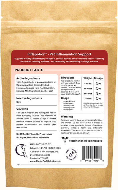 Glacier Peak Holistics Inflapotion - Natural Herbal Anti-Inflammatory for Dogs & Cats, Organic Remedy for Arthritis, Inflammation, Hip & Joint Pain, Mobility & Wellness - 3oz (90 Servings)