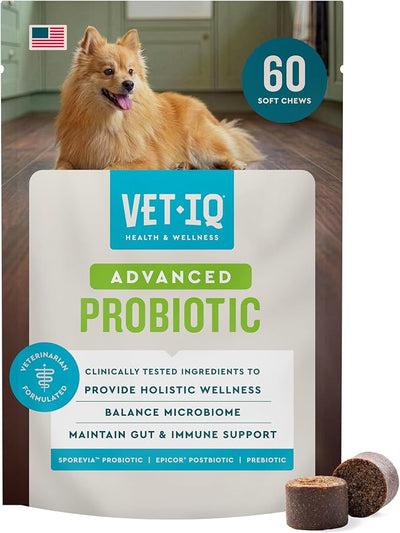 VetIQ Advanced Probiotic Supplement for Dogs, Gut Health, Digestive Enzymes, Prebiotics & Probiotics for Dogs with Sensitive Stomach, Gas & Diarrhea, 90 Count