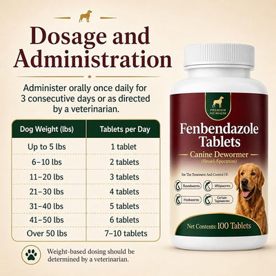 Canine Dewormer for Dogs (fenbendazole),for Treatment and Control of Tapeworms, Roundworms, Hookworms and Whipworms,100 Tablets, 100 mg per Tablet, Oral Tablets with Weight-Based Directions