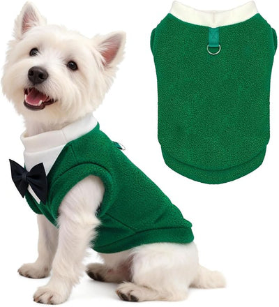 Cute Dog Fleece Sweater with D-Ring, Fall Winter Dog Clothes Tuxedo Costume with Bowtie, Soft Puppy Sweatshirt Chihuahua Yorkie Apparel Poodle Outfits for Small Medium Large Dogs(Green,XL)