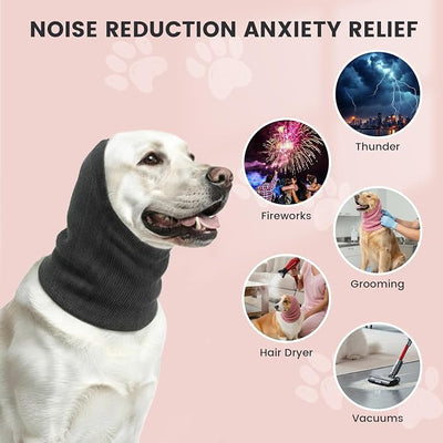 GOLD HONEY Dog Head Wrap, 2 PCS Soft Elastic Dog Ear Cover, Muffs Noise Protection, Anxiety Relief and Calming Pet, No Flap Ear Wrap for Grooming, Force Drying, Fireworks (Boxed, Grey, L)