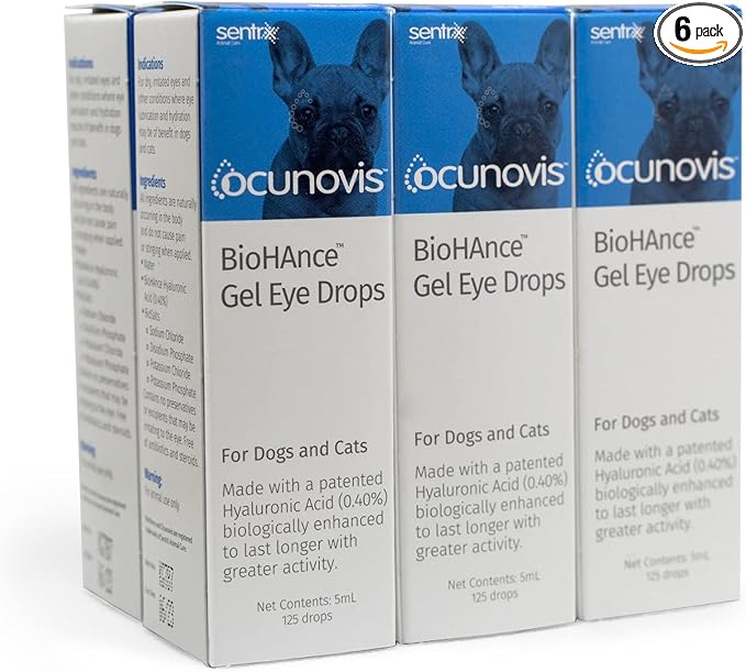 Sentrx - Ocunovis Gel Eye Drops for Dogs and Cats with Dry Eyes, Hydrating Cat and Dog Eye Drops with Hyaluronic Acid, Non-Blurring and Non-Stinging Artificial Tears, 5 ml, 6 Pack