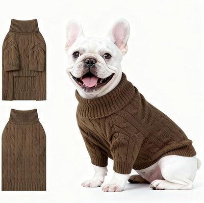 Small Dog Thermal Pullover Sweater, Classic Turtleneck Cable Knitwear Dog Clothes for Cold Weather Warm Pet Clothes for Chihuahua, Bulldog, Dachshund, Pug Tan Large