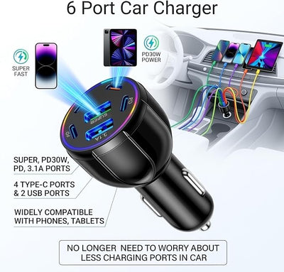 2026 Upgraded 6 Port Car Charger USB C & USB A,75W Fast Car Charger Adapter for Super/PD30W/PD/3.1A,12V/24V Cars Cigarette Lighter Chargers Cars Chargers Port for Phones,Tablets