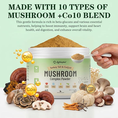 Organic Turkey Tail Mushroom Supplement for Senior Dogs & Cats – 10-in-1 Functional Mushroom Powder with CoQ10 for Immune Support, Digestive Health – Chicken Flavor, Scoop Included