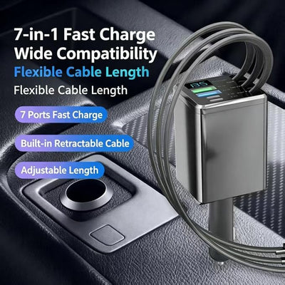 7 in 1 Retractable Car Charger,102W Car Charger Fast Charging Adapter | Car Charger USB C,Car Accessories,Voltage Smart Display,3 Retractable Type-C Cables for iPhone 17 Pro/16/15,Galaxy S26,Pixel