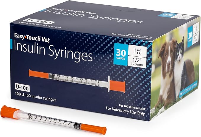 Easy Touch U-100 Pet Insulin Syringes for Dogs & Cats – 30G 1cc 1/2" Needle, Half-Unit Markings for Precise Dosing, Compatible with U-100 Insulin, Box of 100