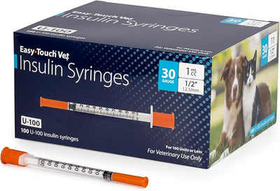 Easy Touch U-100 Pet Insulin Syringes for Dogs & Cats – 30G 1cc 1/2" Needle, Half-Unit Markings for Precise Dosing, Compatible with U-100 Insulin, Box of 100