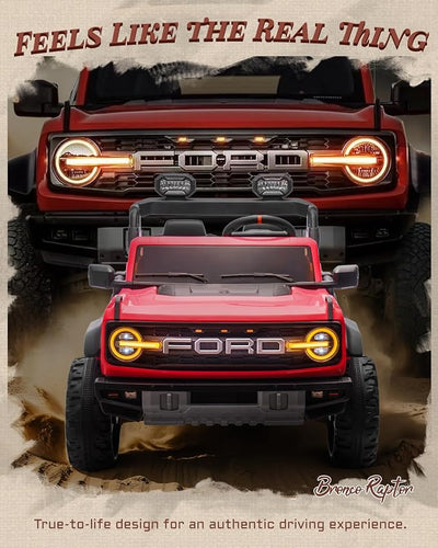 First Ride On Ford Bronco 24V Ride on Toys for Boys & Girls, 2 Seater Kids Electric Car with Remote Control, Kids Ride on Truck with Rear Wheels Suspension, Led Lights, Safety Belt (24V, Red)
