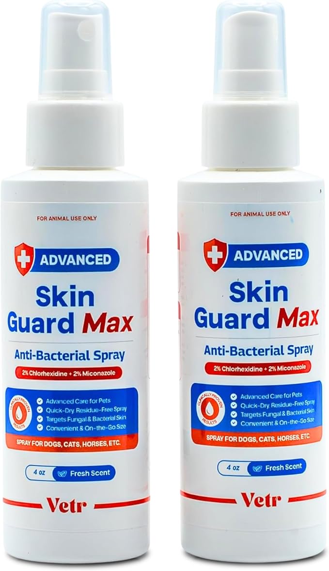 vetr Skin Guard Max Chlorhexidine Miconazole Spray, Dogs Cats Horses, 2pk | Set of two 4 oz bottles / Dual-action 2% / 2% formula; Soothes dry, irritated skin; Cleanses skin & coat
