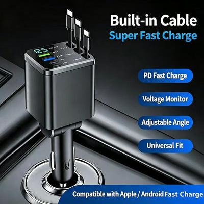 7 in 1 Retractable Car Charger,102W Car Charger Fast Charging Adapter | Car Charger USB C,Car Accessories,Voltage Smart Display,3 Retractable Type-C Cables for iPhone 17 Pro/16/15,Galaxy S26,Pixel