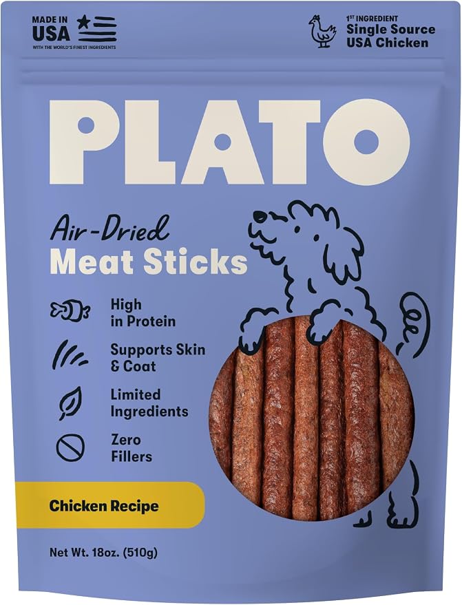 Plato Meat Sticks Chicken Recipe Dog Treats, Air-Dried High-Protein Grain-Free Soft Chews with Omega Fish Oil, 18 oz