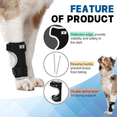 Dog Front Leg Brace with Removable Metal Springs- Adjustable Reflective Ankle Wrap for Dogs, Anti-Slip Reverse-Buckle Design Dog Splint Front Leg for Arthritis, Sprains, Injury Recovery (Black, S)