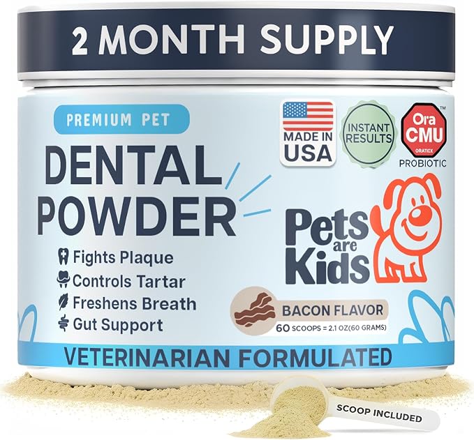 Pets Are Kids Dog Dental Powder | Premium Breath Freshener with OraCMU™ Probiotic for Gut Support | Easy-to-Mix Dog Teeth Cleaning Powder | Fights Bad Breath, Tartar & Plaque | Bacon Flavor, 60 Scoops