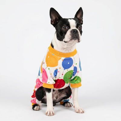 Fitwarm Balloon Dog Fleece Pajamas, Birthday Outfit for Small Dogs Boy Girl, Cozy Pet Onesie with Feet, White, Yellow, Red, Blue, Green, XS