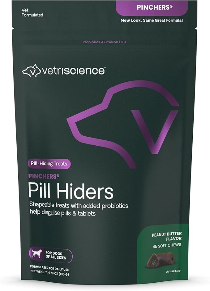 VetriScience Extra Large Pinchers Pill Hiders Chews Non-Greasy Pill Wrap with Probiotics for Dogs, Disguise Pills, Capsules & Tablets, Gut & Immune Health, Peanut Butter, 45 Counts