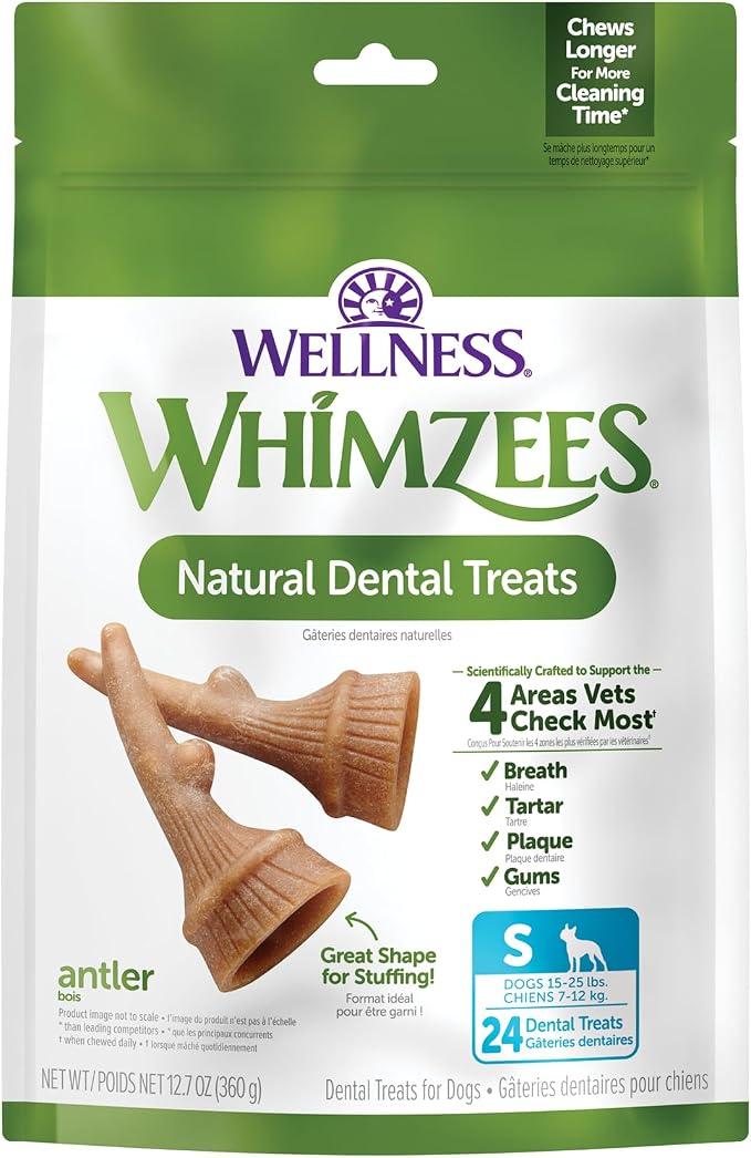 Wellness WHIMZEES Antler Occupy Natural Dog Dental Treat, Chews, Freshens Breath, Small Size, 12.7 oz Bag, 24 Count