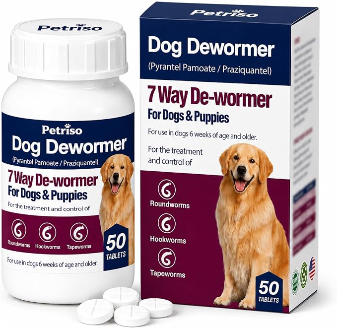 Dog DeWormer for Dogs 7-Way Dewormer for Tapeworms, Roundworms & Hookworms in Puppies,Medium Dogs &Large Dogs (Over 10 lbs), Easy-to-Use,50 Tablets