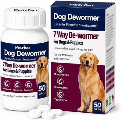 Dog DeWormer for Dogs 7-Way Dewormer for Tapeworms, Roundworms & Hookworms in Puppies,Medium Dogs &Large Dogs (Over 10 lbs), Easy-to-Use,50 Tablets
