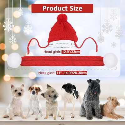 Kuoser Dog Winter Hat & Scarf Set, Knitted Hat Pet Christmas Winter Warm Caps Cute Accessories Neck Ear Warmer Hood Warm Scarf Party Decoration for Cat and Dog Red