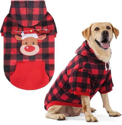 EXPAWLORER Plaid Dog Hoodie - British Style Warm Dog Sweater Shirt with Leash Hole,Pitbull Clothes Outfits,Winter Coat for All Breeds Puppy Girl Boy-Cat Apparel,Christmas Buffalo Check X-Large