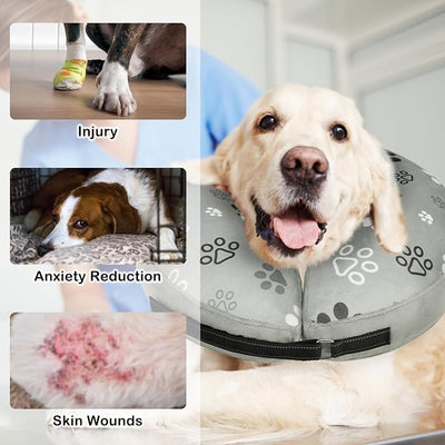 SCENEREAL Dog Cone Alternative After Surgery Donut Collar, Soft Pet Recovery Pillow Collar for Medium Large Dogs, Inflatable Adjustable Neck Collars to Prevent Licking, Grey Footprints L