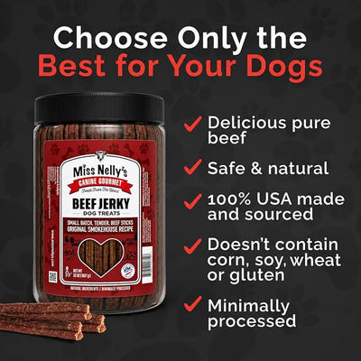 Miss Nelly's- All Natural Beef Jerky Dog Treats Made in USA Only-Original Smoke House Recipe-Minimally Processed Soft Sticks Dog Jerky Treats-32 oz. Jar