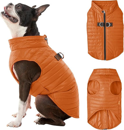 Gooby Puffer Vest - Pumpkin, Medium - Ultra Thin Zip Up Windbreaker with Dual D Ring Leash - Water Resistant Dog Sweater Coat for Small Dogs