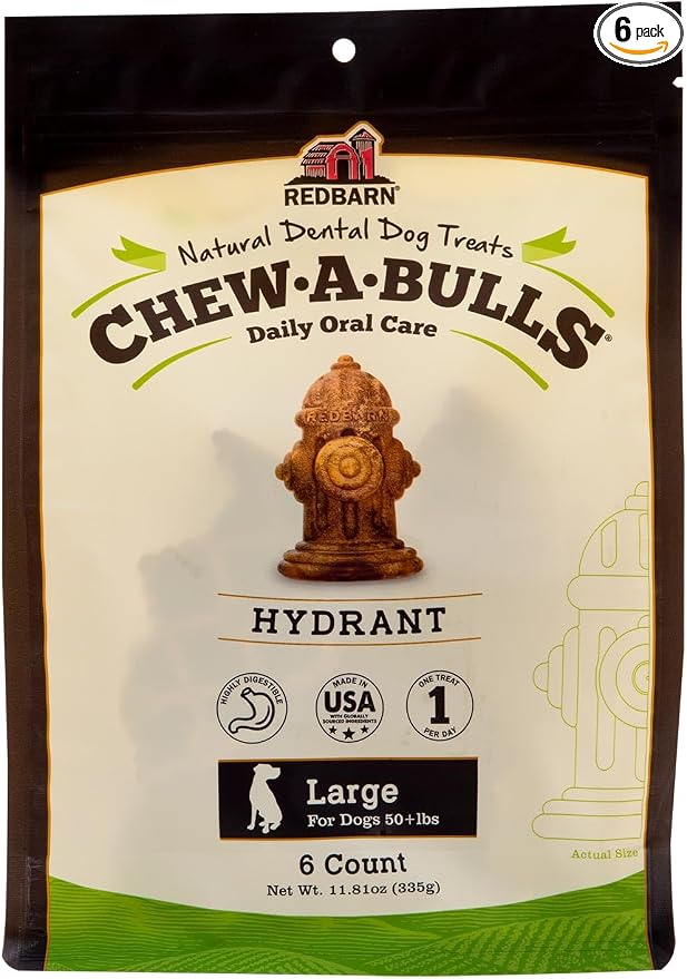 Redbarn Chew-A-Bulls, 6 Pack – Large Hydrant Shape Dog Dental Treats – Daily Oral Care with Fun Ridges & Grooves, All Natural Ingredients, Highly Digestible Chews & Low in Fat
