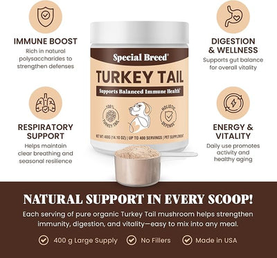 Organic Turkey Tail Mushroom for Dogs and Cats, Immune Support with Beta Glucans and Polysaccharides, Digestive and Respiratory Health, Pure Mushroom Powder, No Fillers, 400 ct