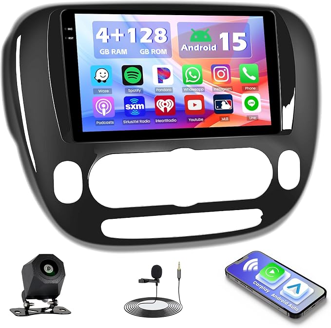 Hikity 4+128G Android 15 Car Stereo for Kia Soul 2014-2017 (Manual A/C), 9” Touchscreen Radio with CarPlay, Android Auto, Bluetooth, GPS Navigation, WiFi, DSP, FM, RDS + AHD Backup Camera