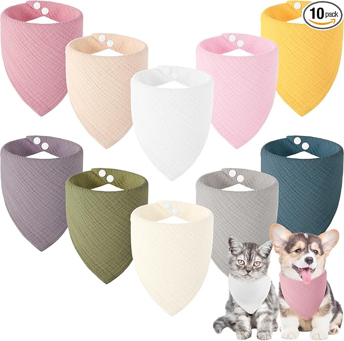 10 Pcs Muslin Cotton Triangle Dog Bandanas Reversible Pet Bibs Scarf Dog Scarves with Two Snaps Apparel Accessories Kerchief for Small to Medium Puppy Cat(Light & Bright Color)