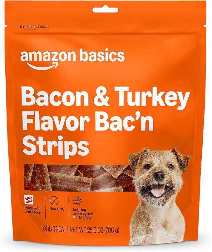 Amazon Basics Bacon and Turkey Flavor Bac'n Strips Dog Treats - 25 oz Bag