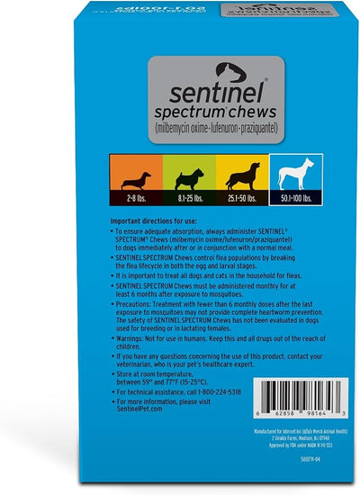 SENTINEL SPECTRUM Chews for Dogs, 50-100 lbs, 6 Chews, 6-Month Supply, Blue Box