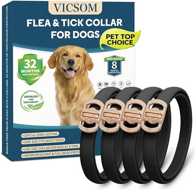 Flea and Tick Collar for Dogs 4 Pack, 32 Months Prevention, Waterproof, Adjustable for Small Medium Large Dogs Puppies (Black)