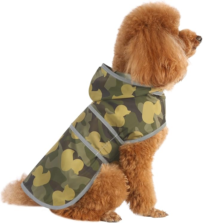 Dog Raincoat for Small Dogs Puppies Waterproof Jacket Hooded Rain Coats with Reflective Strips Leash Hole & Poncho Adjustable Fit (CamoDuck,XS)