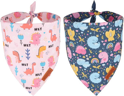 PTDECOR Dinosaurs Dog Bandana, Cute Dinosaurs Design Reversible Pet Scarf Bib, Premium Durable Fabric, Adjustable Pink Blue Bandanas for Small Dogs Puppies Cats(Small)