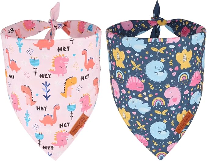 PTDECOR Dinosaurs Dog Bandana, Cute Dinosaurs Design Reversible Pet Scarf Bib, Premium Durable Fabric, Adjustable Pink Blue Bandanas for X-Large Dogs Pets (X-Large)