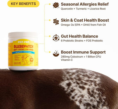 PENPEN Dog Allergy Chews - Anti-Itch & Itchy Skin Support for Dogs, Probiotics & Omega 3 (Fish Oil) for Immune & Gut Health - Peanut Butter Flavor - 180 Soft Chews