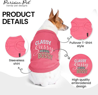 Parisian Pet Dog Shirt – 100% Cotton Classy Sassy and Bossy Shirts for Medium Dogs – Pink Sleeveless Puppy Clothes – Breathable Dog Outfit – Summer Pet Apparel - Stretchable Tshirts for Dogs Girls