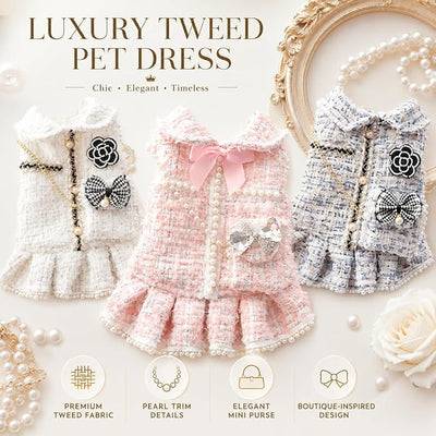 Spring Fall Winter Small Dog Tweed Princess Dress White Pearl Design, Warm Fleece Dog Coat for Girls, Cute Puppy Clothes with Bow Flower, Luxury Chanel Style Pet Outfit for Cats & Dogs(L)