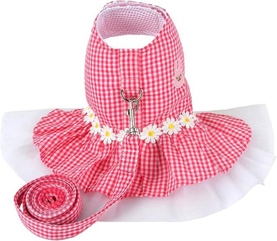 Small Dog Dress with Leash Set Adjustable Dog Harness Dress with D Ring Breathable Walk Doggie Outfits for Puppy Girl and Cat (S,Pink)