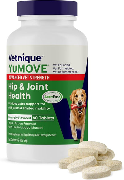 YuMOVE Dog Hip & Joint Supplement, Regular or Advanced Strength - ActivEase Green Lipped Mussel, Glucosamine, Hyaluronic Acid & Omega 3 - Chewable Tablets (60ct Chewable Tablets, Advanced Strength)