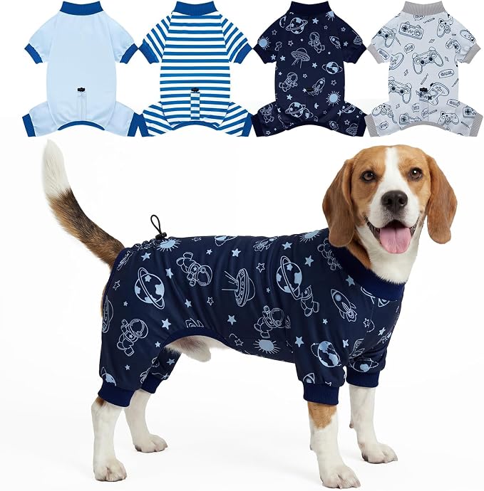 XPUDAC 4 Pack Dog Pajamas, Soft Puppy Clothes with Drawstring Adjustable Stretchy Dogs Onesie for Small Medium Doggie Shed Defender Dog Suit Pet Outfit Boy, 2XL