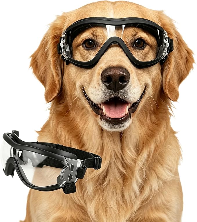 Enjoying Clear Dog Goggles Medium to Large Breed, Dog Sunglasses UV Protection, Large Dogs Driving Eye Protection, Outdoor Windproof Dustproof Anti-Fog, Breathable, Adjustable Straps, Transparent