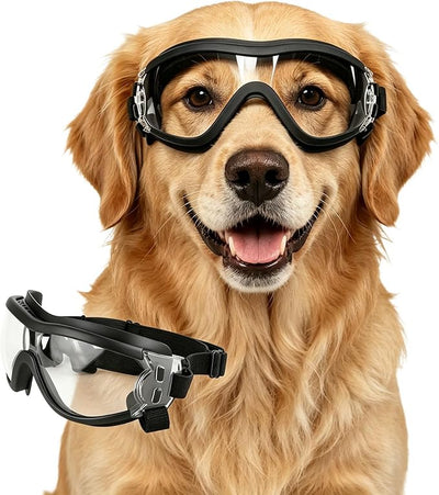 Enjoying Clear Dog Goggles Medium to Large Breed, Dog Sunglasses UV Protection, Large Dogs Driving Eye Protection, Outdoor Windproof Dustproof Anti-Fog, Breathable, Adjustable Straps, Transparent