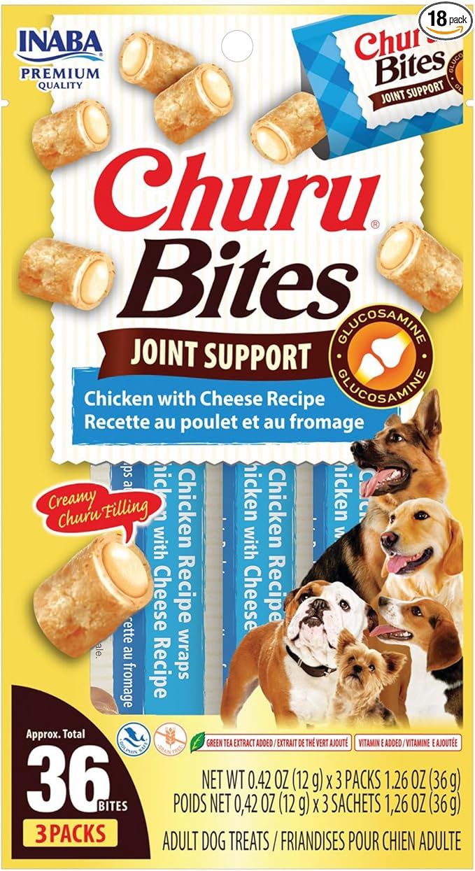 INABA Churu Bites Joint Support for Dog, Functional Lickable Dog Treat with Taurine & Green Tea Extract, 1.26oz Each, 18 Tubes Total, Chicken with Cheese Recipe
